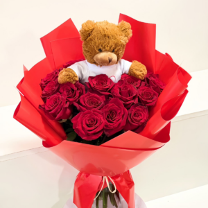 Kwiaty walentynkowe z misiem